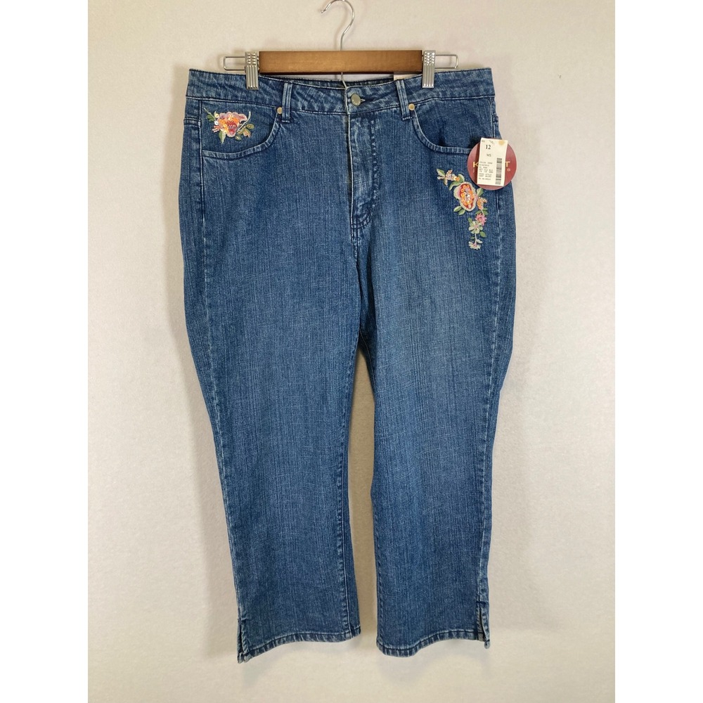 Cottagecore Kikit Jeans Womens 12 Blue Floral Embroidered Sequin Crop Denim‎ NWT